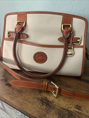 Vintage Dooney & Bourke Cream Pebbled Leather Satchel with Tan Trim